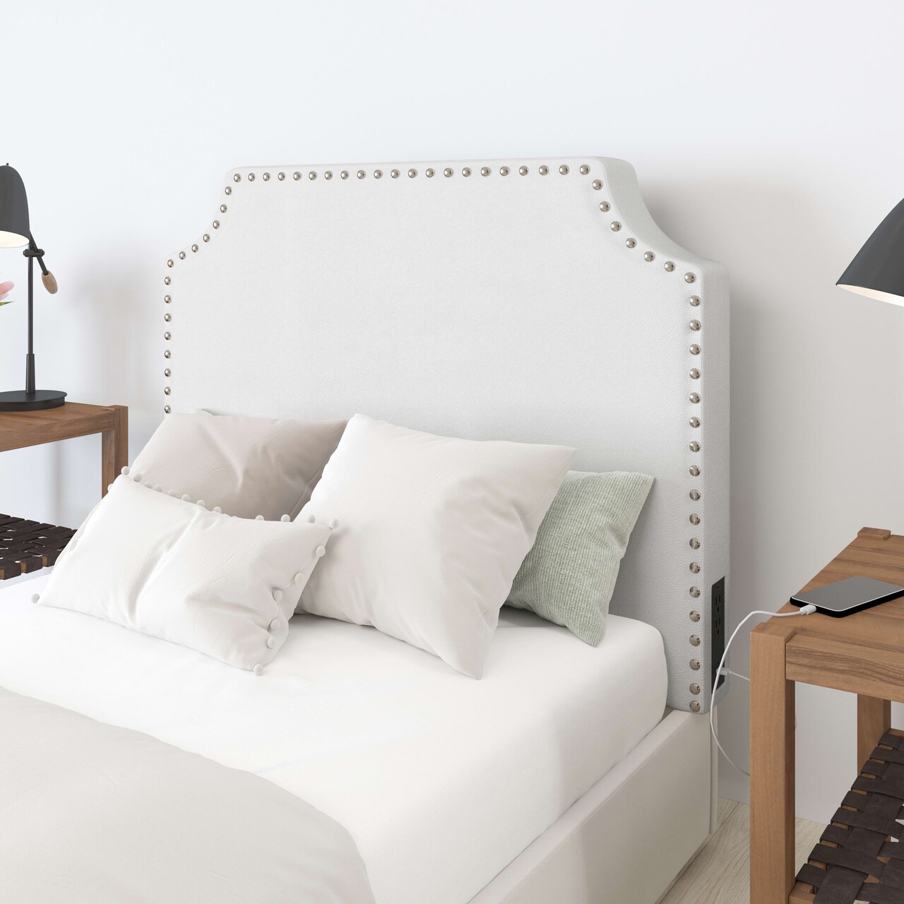 Merrick Lane Ribas Contoured Faux Leather Headboard with Studded Upholstery, Dual Hanging Options, Charging Station with 2 Outlets, USB Port, USB-C Port